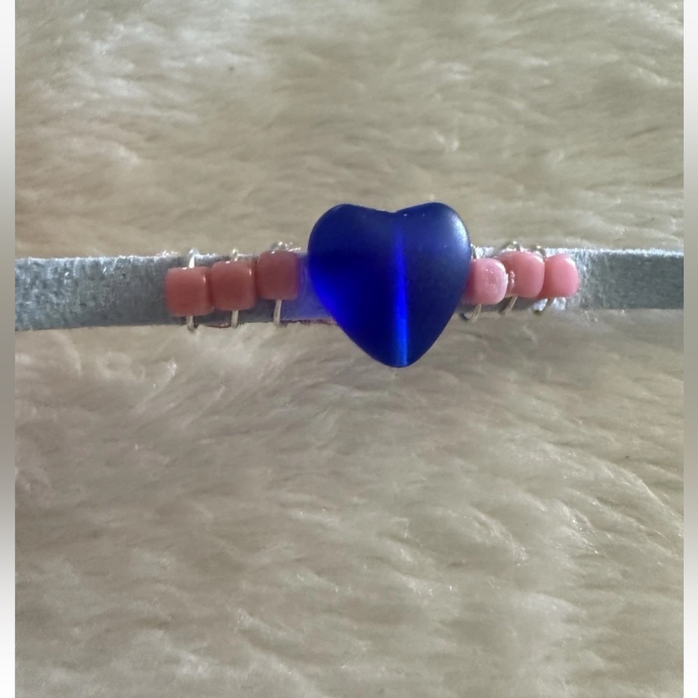 Handmade Blue Faux Suede Blue Heart W Pink Cube Beads Boho Bracelet NWOT
